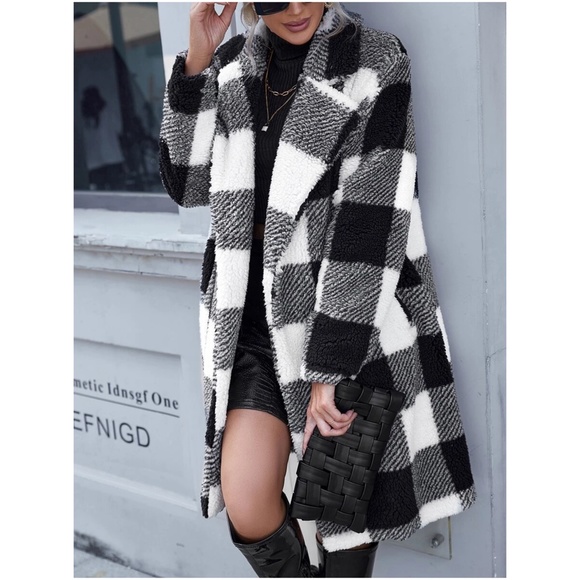 Cozy Plaid Teddy Open Front Jacket Coat - Picture 3 of 5